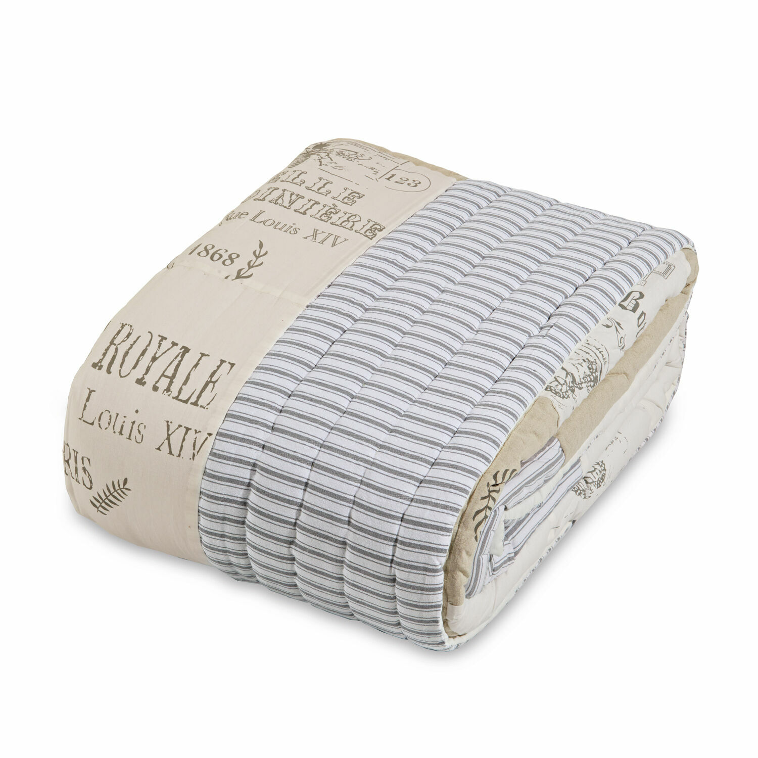 Quilt Framingham Gesteppte Baumwollbettdecke in Beige und Grau mit Textdruck, dekorative Tagesdecke