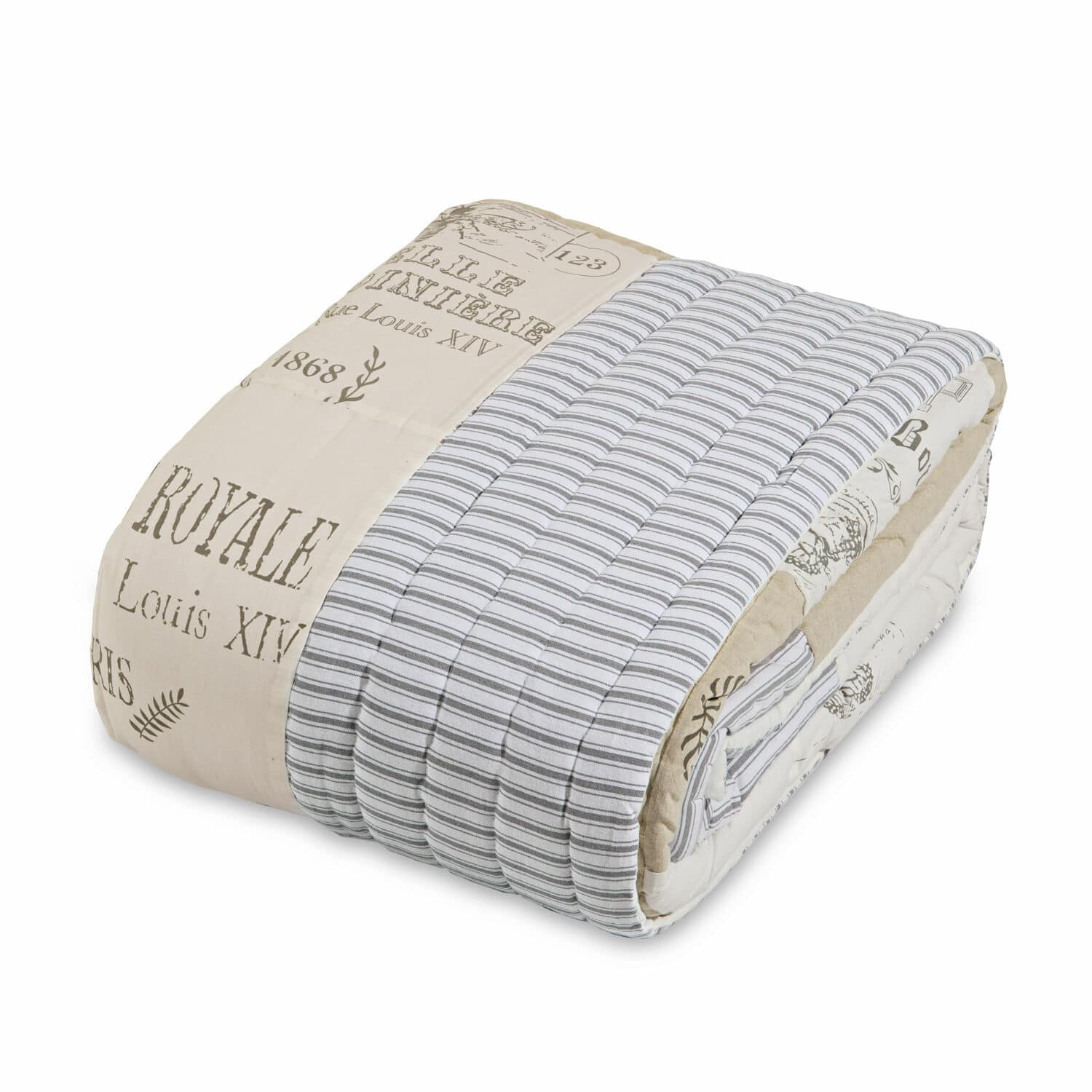 Quilt Framingham Gesteppte Baumwollbettdecke in Beige und Grau mit Textdruck, dekorative Tagesdecke