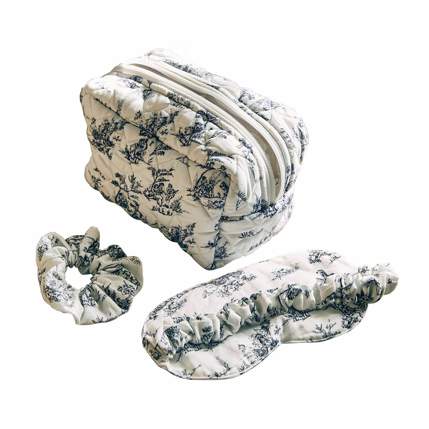 Schlaf-Set 3-teilig Felencio Kosmetikset aus Baumwolle in Weiß mit schwarzem Muster, bestehend aus Tasche, Haargummi und Schlafmaske