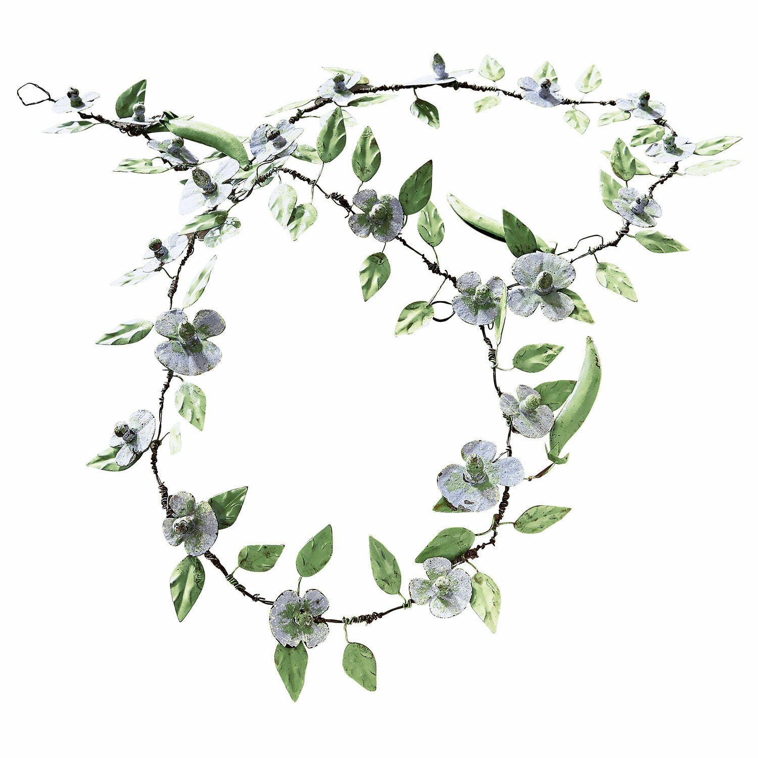Girlande Cecilia Dekorative Metallgirlande mit grünen Blättern und weißen Blüten für Wohn- und Gartenbereich