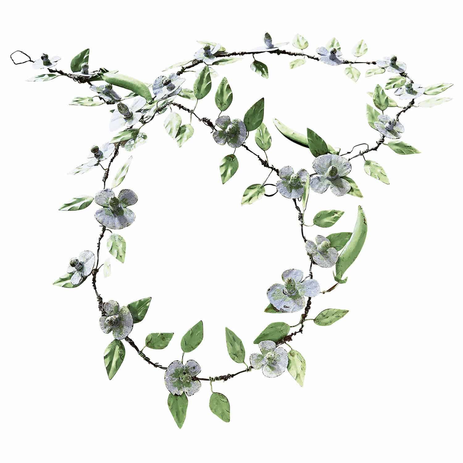 Girlande Cecilia Dekorative Metallgirlande mit grünen Blättern und weißen Blüten für Wohn- und Gartenbereich
