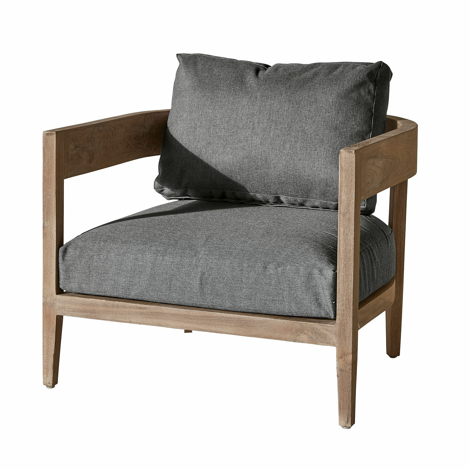 grau/braun Sessel Courtelevant mit grauem Stoffbezug und braunem Holzrahmen, moderner Wohnzimmerstuhl