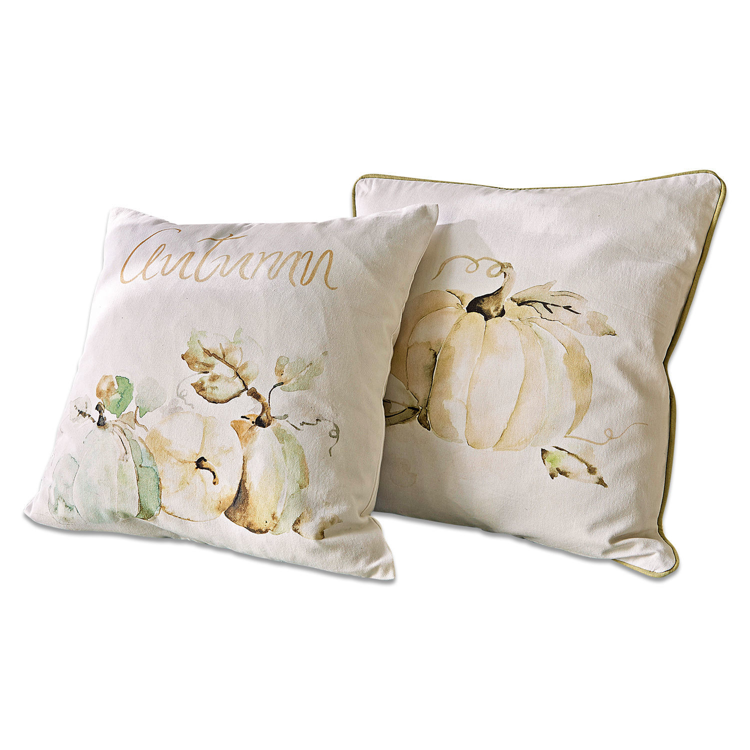 Kissenhülle 2er Set Laubard Set aus zwei cremefarbenen Baumwollkissen mit Kürbis-Motiv und Schriftzug autumn für Herbstdeko.