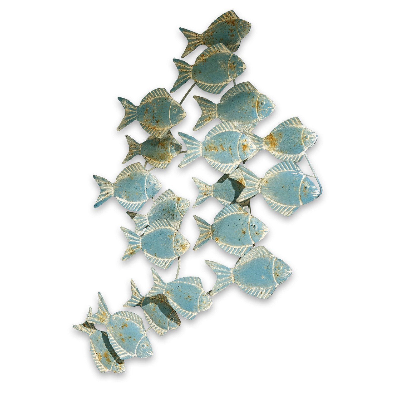 Wandornament Pesce Wanddeko aus Metall mit Gruppe blauer Fische und antikem Look für maritimes Ambiente