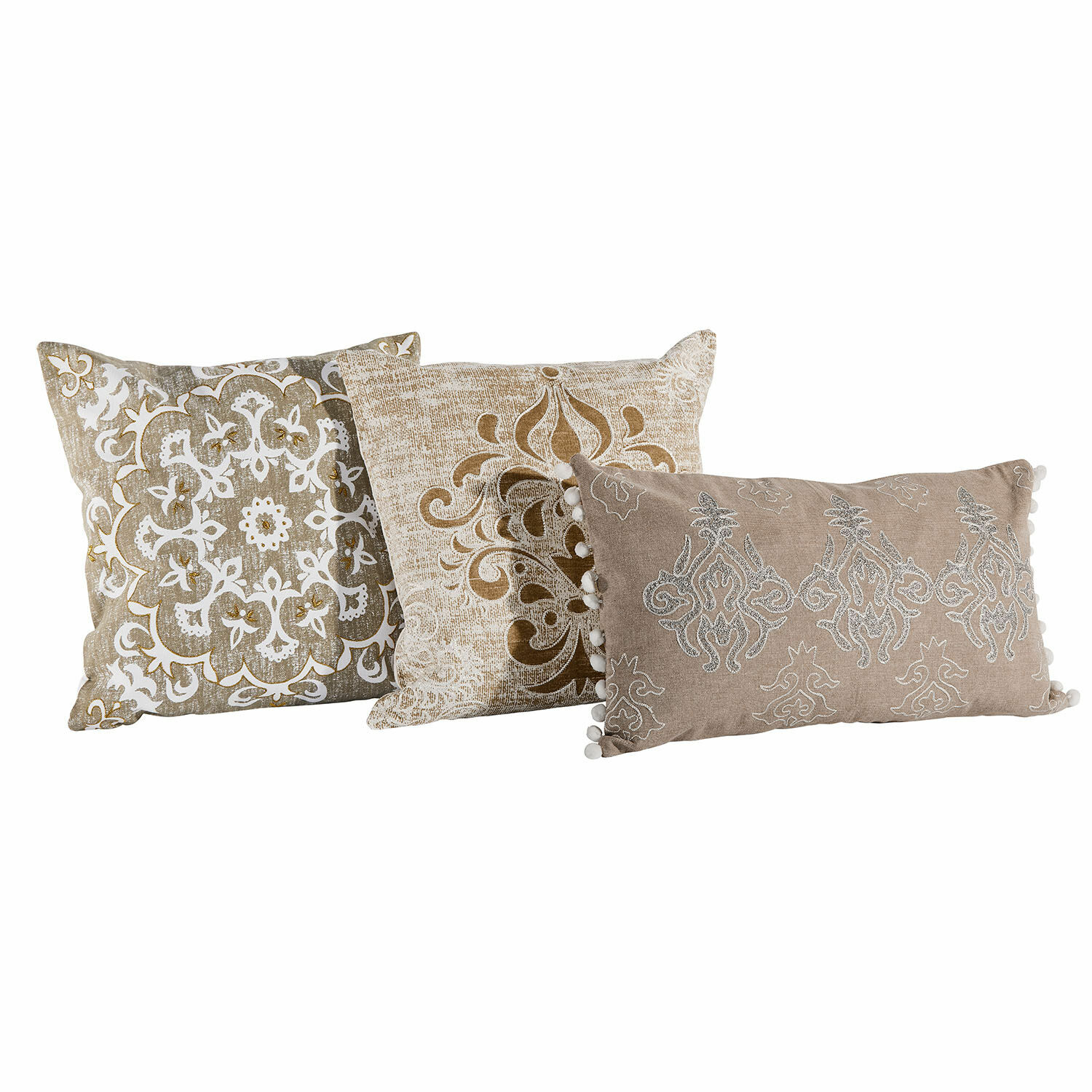 Kissenhülle 3er Set Emelin Drei dekorative Kissen in Beige mit Mustern und Pompons, Textilien für gemütliches Wohnzimmer