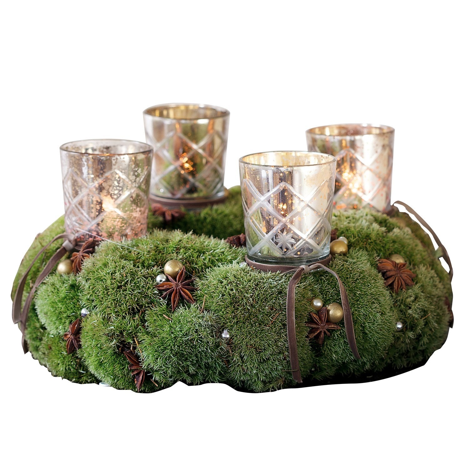 Steckwindlicht 4er Set Clara Adventskranz aus grünem Moos mit goldfarbenen Glas-Teelichthaltern für Weihnachtsdeko