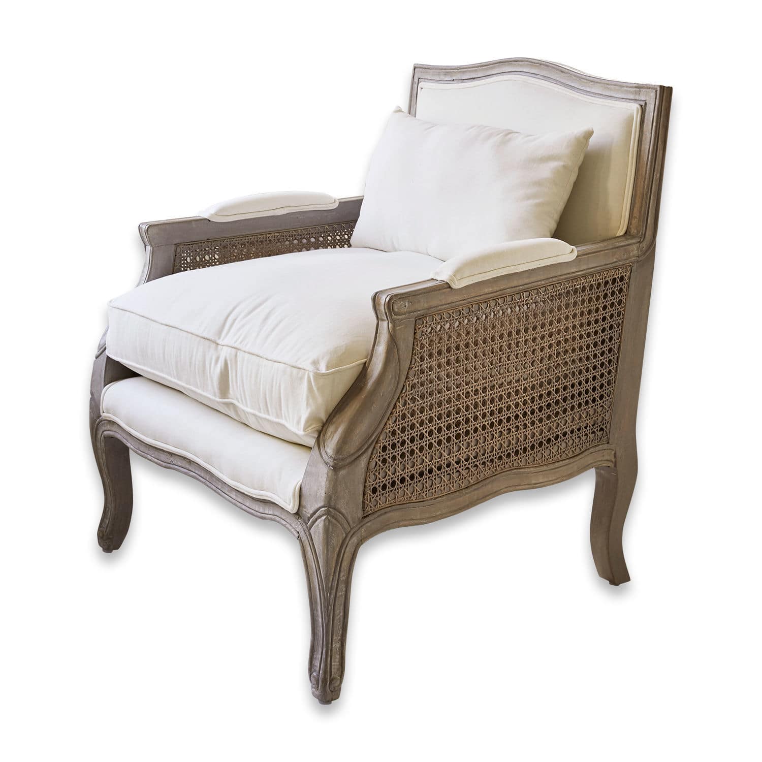 Sessel Alfort Eleganter Sessel aus Holz und Rattan in Grau mit cremefarbenen Kissen für Wohnzimmer