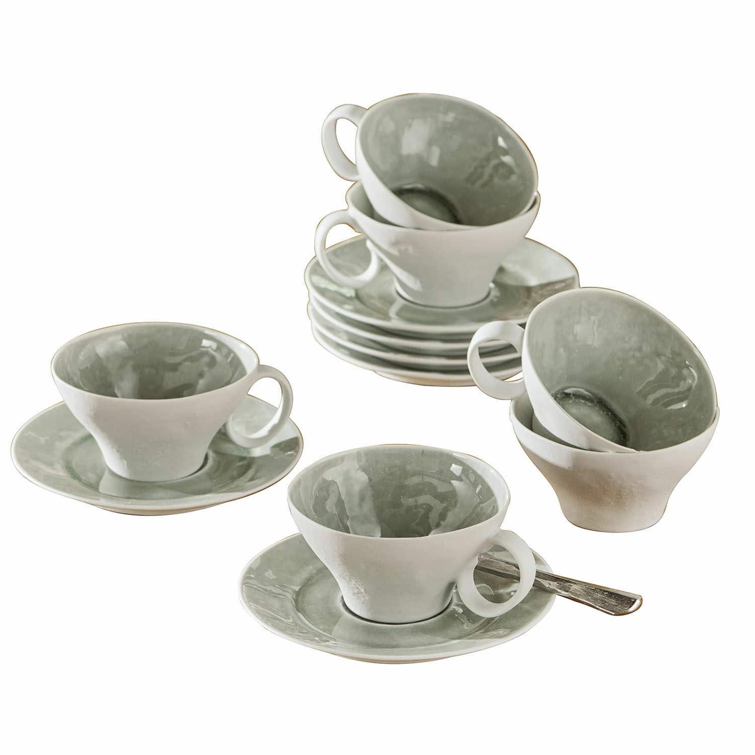 Tasse mit Untertasse 6er Set Braganza Set aus grauen und weißen Keramik-Tassen mit Untertassen für Kaffee oder Tee