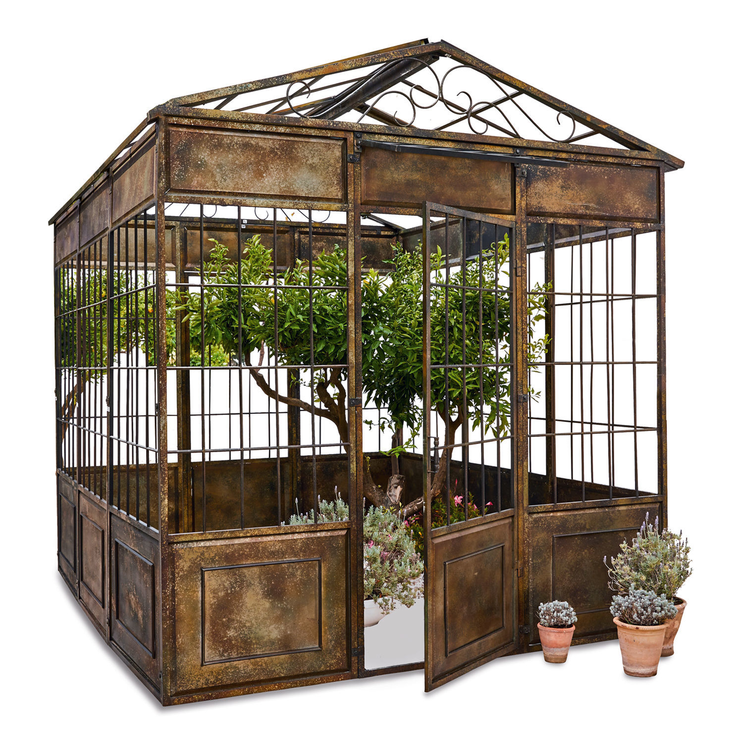 Pavillon Essone Metall-Orangerie mit geöffneter Tür und Pflanzen im Inneren für den Garten