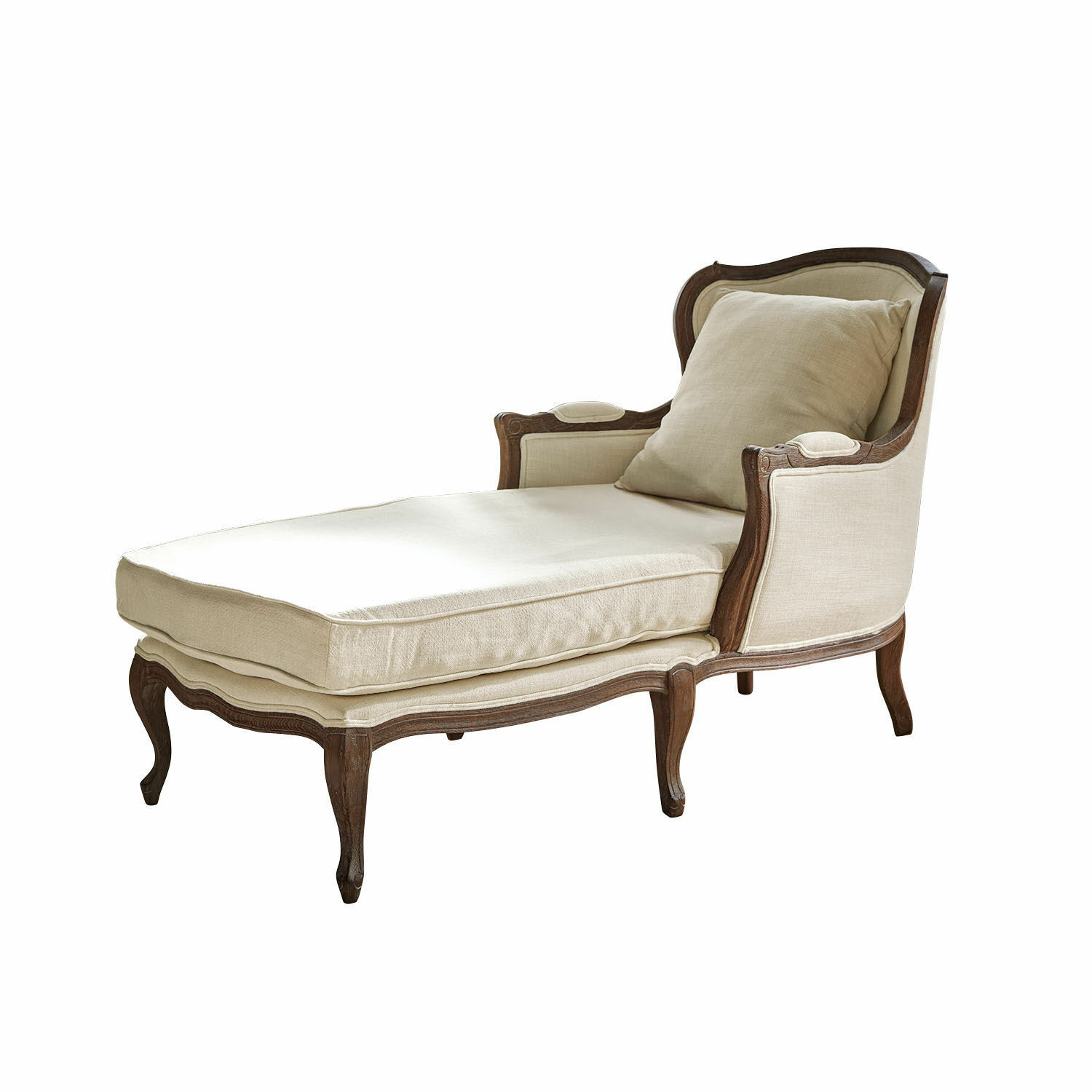 Kremfarbene Chaiselongue aus Holz und Stoff mit Kissen, elegantes Wohnzimmermöbel