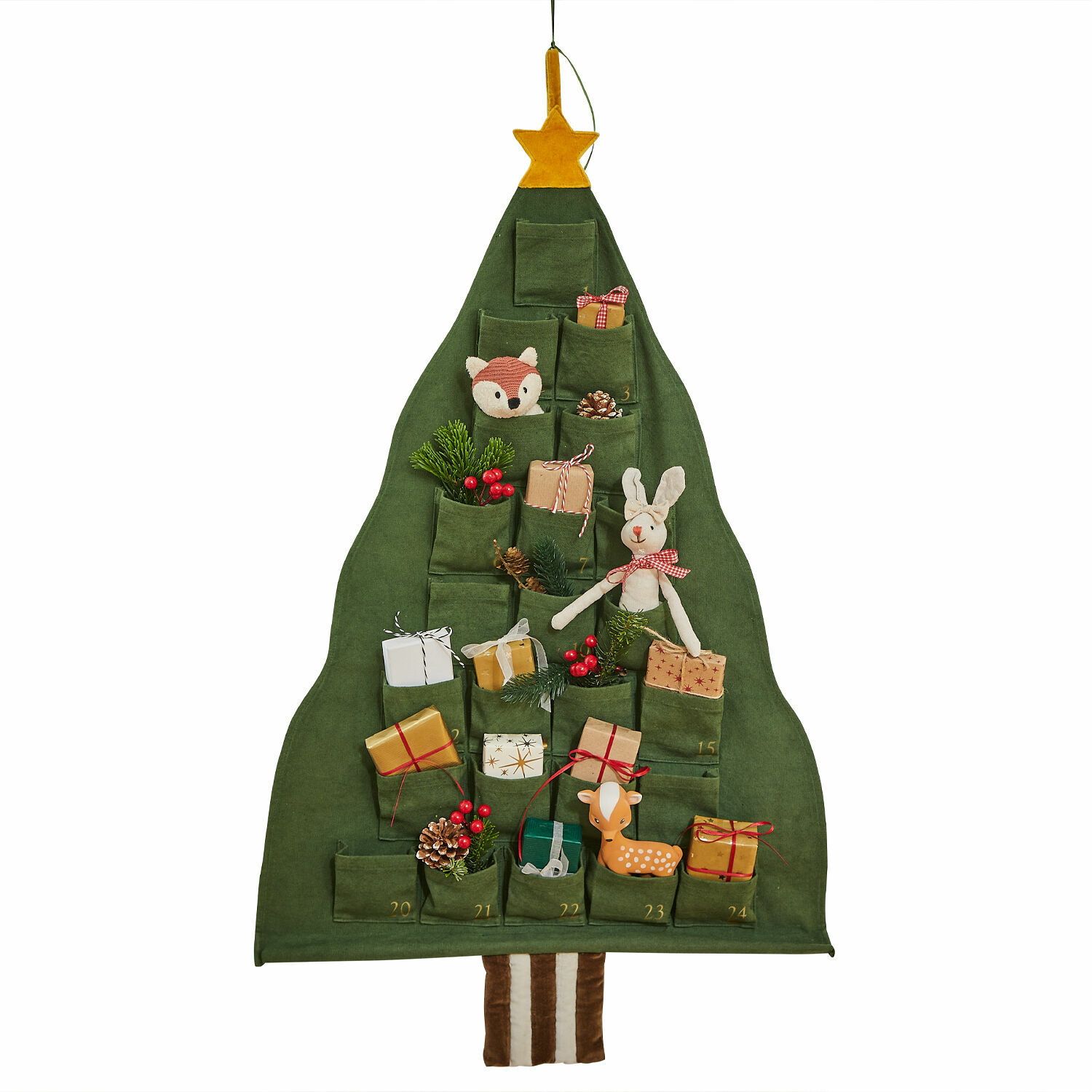 Adventskalender Talira Grüner Adventskalender aus Stoff in Tannenbaumform mit Taschen und Weihnachtsdekorationen