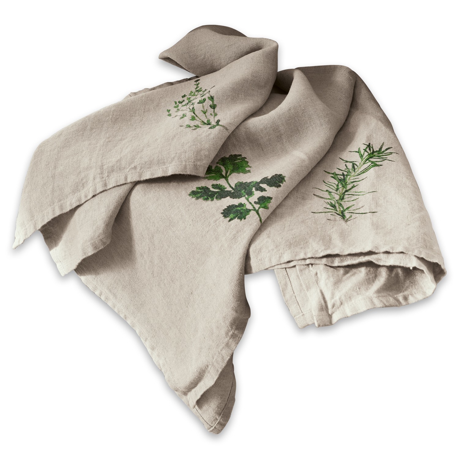 Geschirrtuch 3er Set Herbal Gardens Beige Leinen-Geschirrtuch mit grünen Kräutermotiven, praktisches Küchentextil
