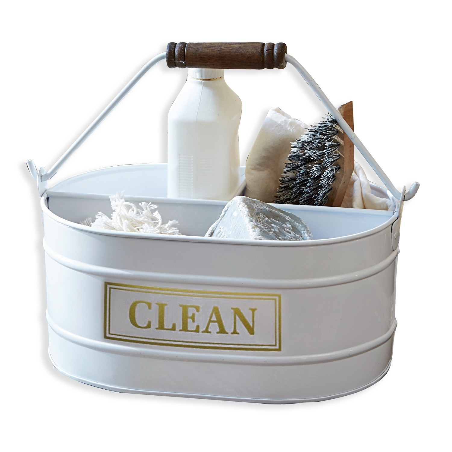 Eimer Clean Weißer Metallbehälter mit Holzgriff und Reinigungsutensilien, praktischer Haushaltsorganizer