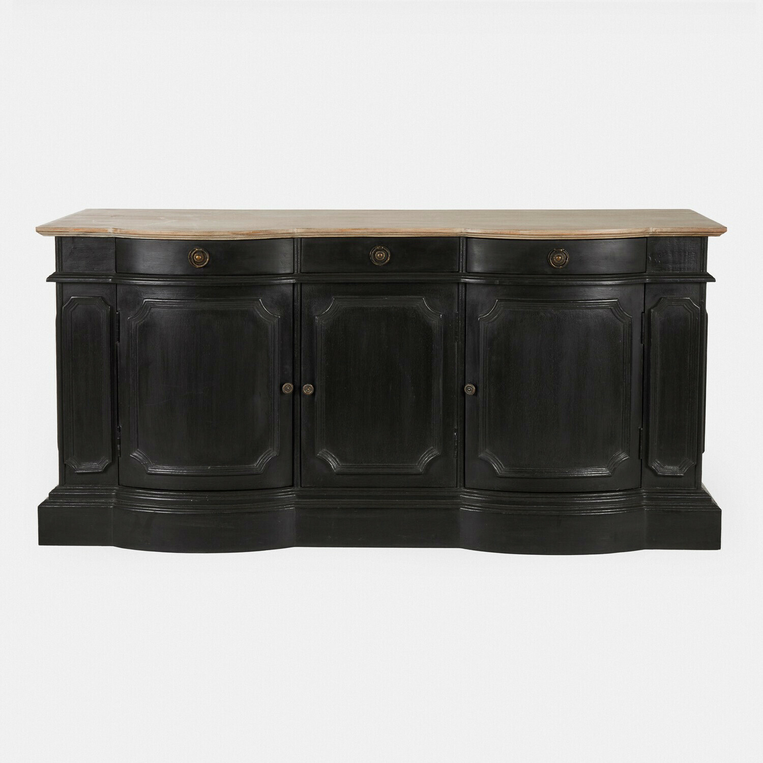 Sideboard Rélovine Schwarze Holzkommode mit hellem Holzplatte und dekorativen Türen, elegantes Wohnzimmermöbel