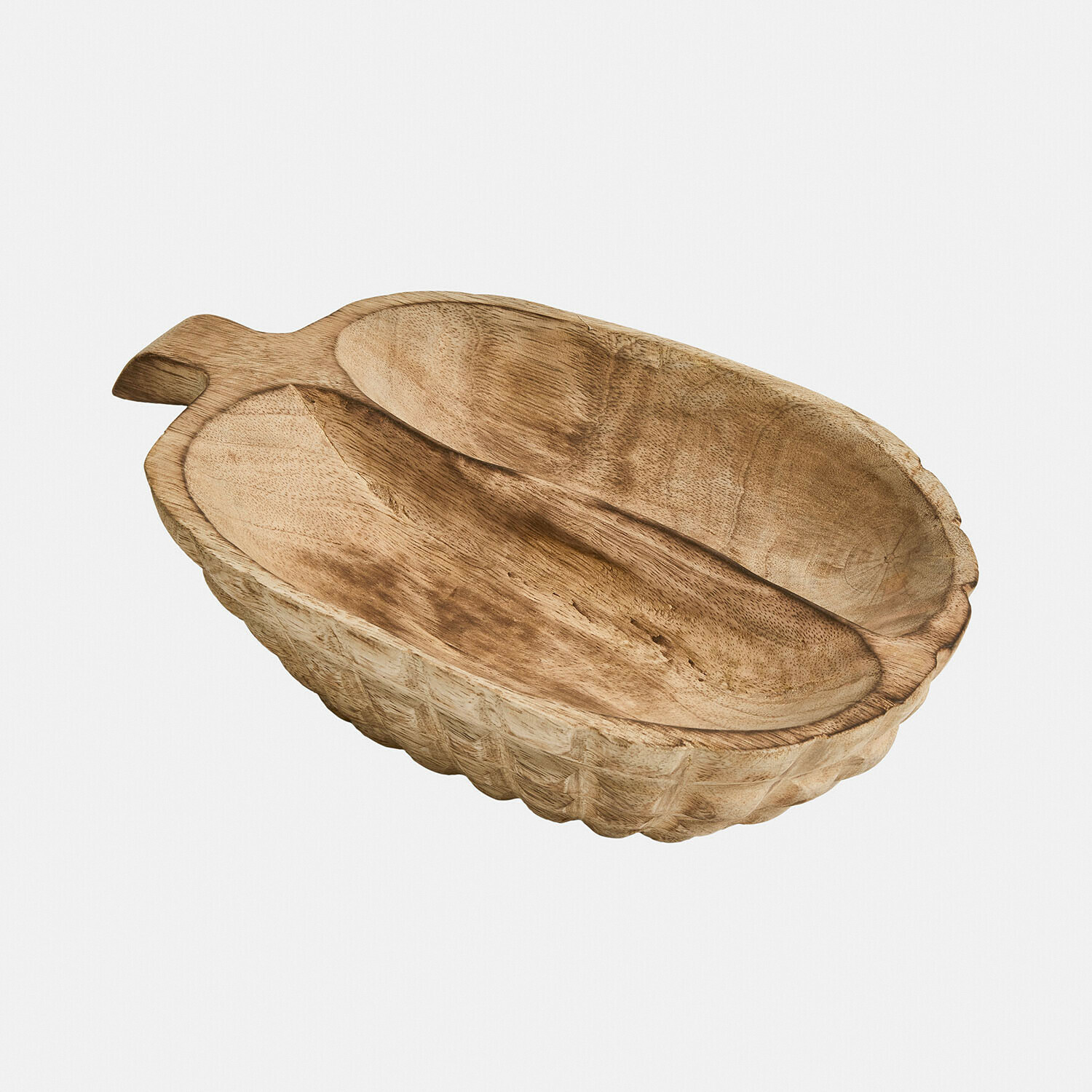 Dekorative Holzschale in Naturfarbe mit zwei Fächern und geschnitztem Griff