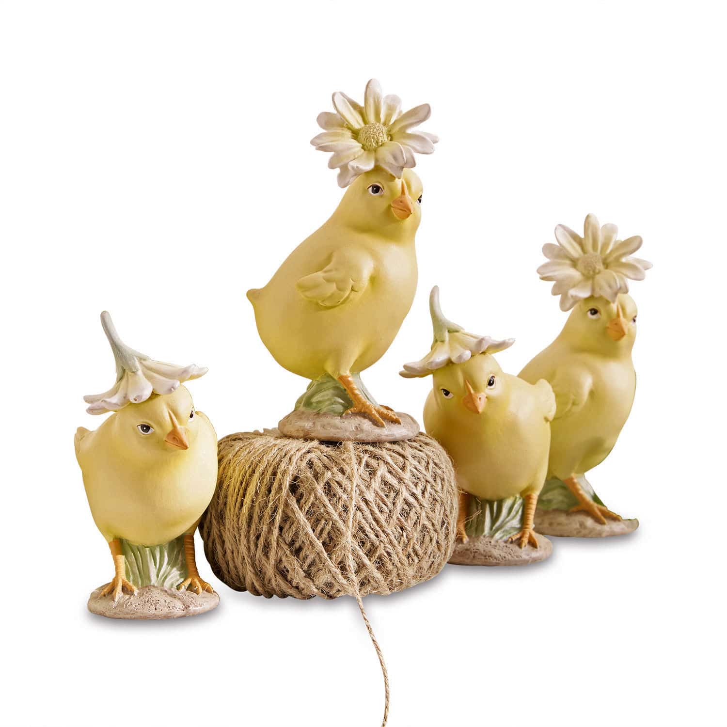 Küken 4er Set Garsonne Set aus vier gelben Keramik-Küken mit Blumenhüten als Frühlingsdekoration