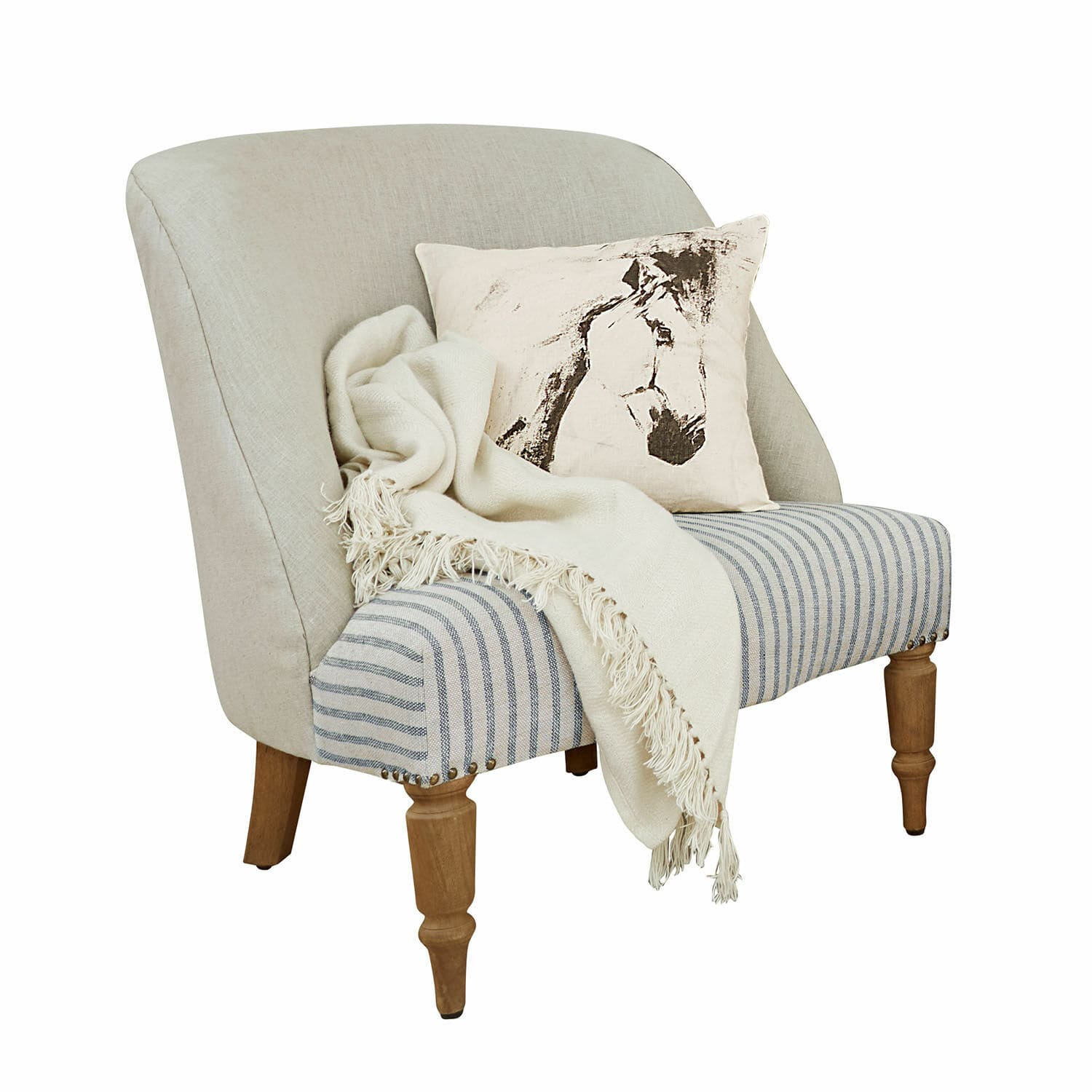 Sessel Maplewood Beiger Sessel mit Holzbeinen, gestreiftem Sitz und Kissen mit Pferdemotiv