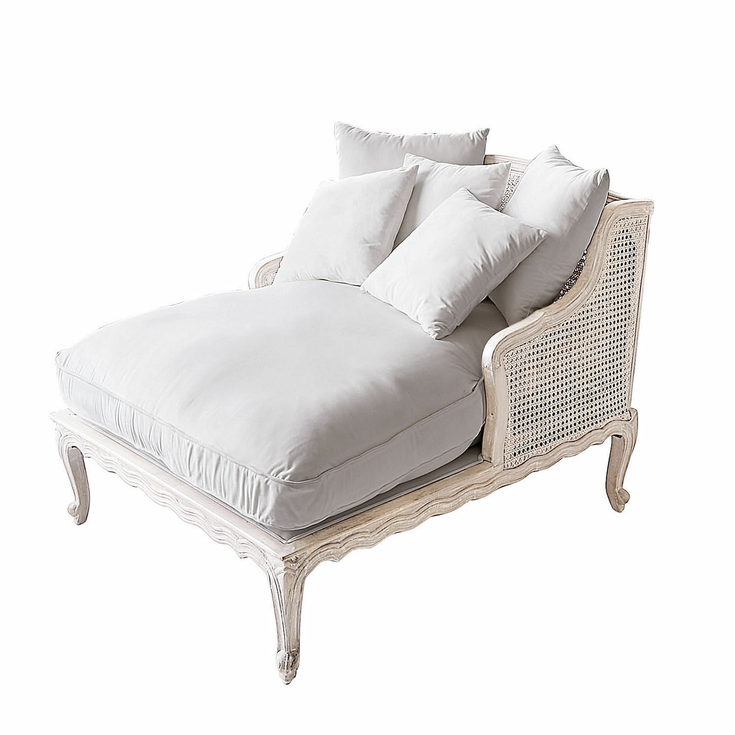 braun Elegante Chaiselongue Dronne aus hellbraunem Holz mit weißen Polstern, bequemer Loungesessel