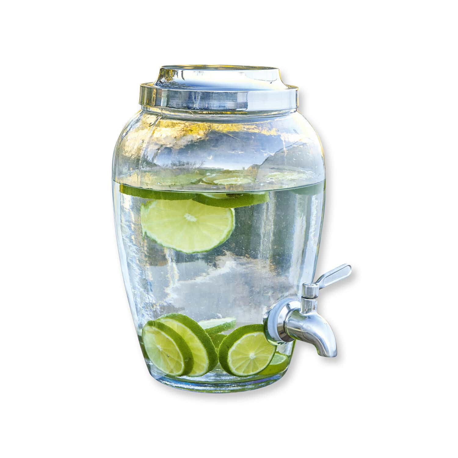 Glasgetränkespender mit Metallhahn, Wasser mit Limettenscheiben, ideal zum Servieren von Getränken