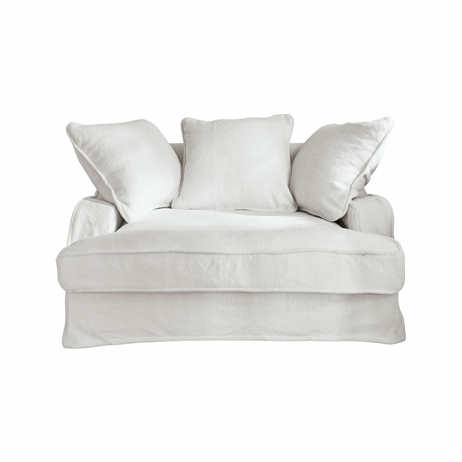 Weißes Sofa Monaco aus weichem Stoff mit drei Kissen, gemütlich für das Wohnzimmer