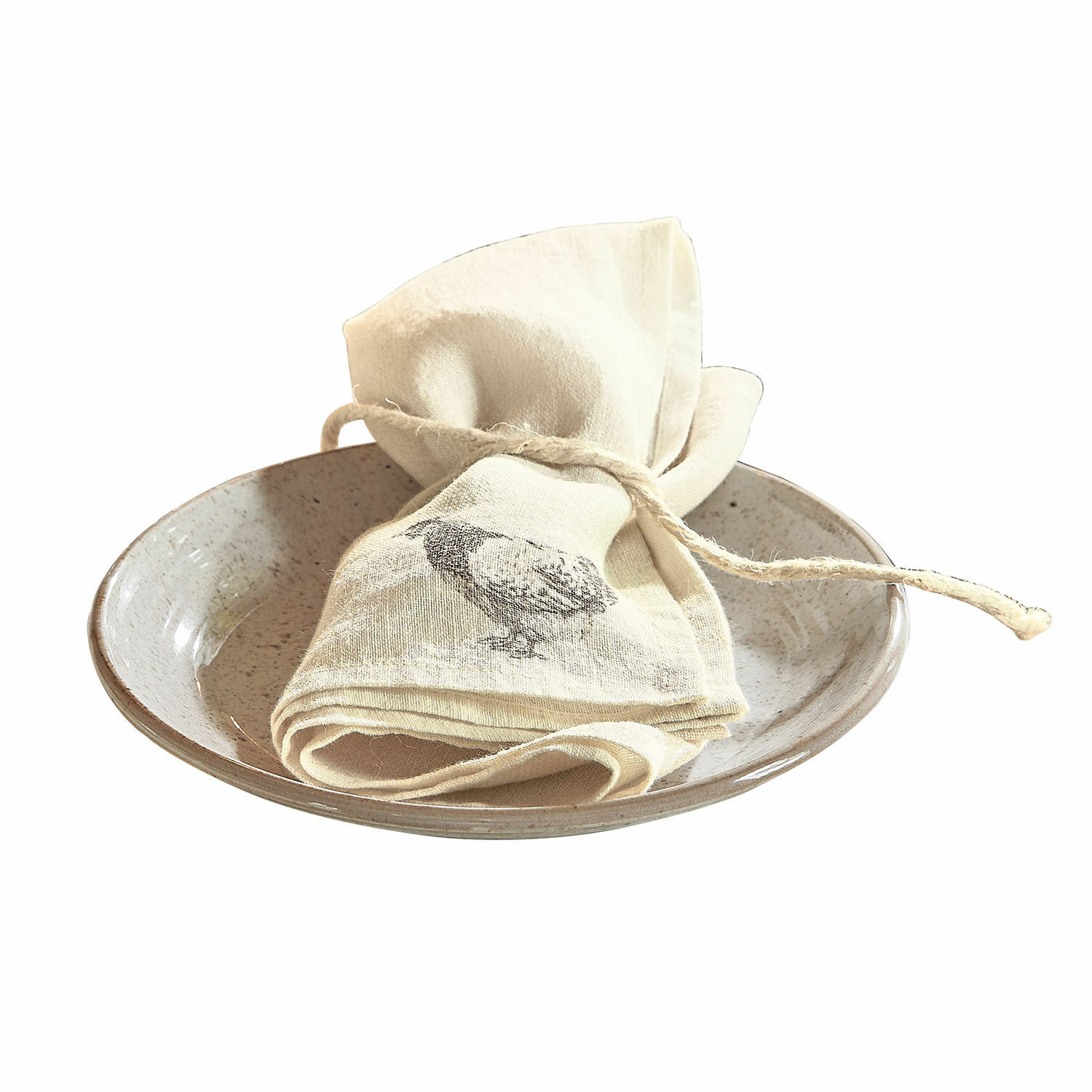 Serviette 4er Set Walorine Leinenserviette in Creme mit Vogelmotiv auf beigem Keramikteller für Tischdekoration
