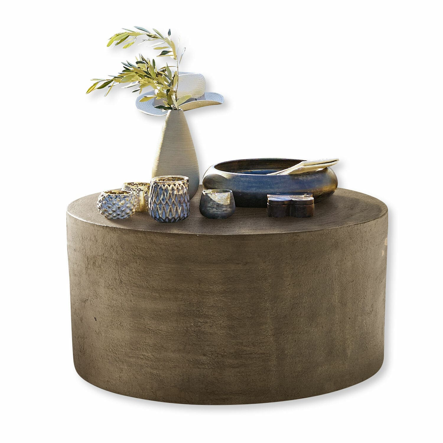 Couchtisch Lexy Runder Couchtisch aus grauem Beton mit dekorativen Keramikgefäßen und Vase mit grünen Zweigen