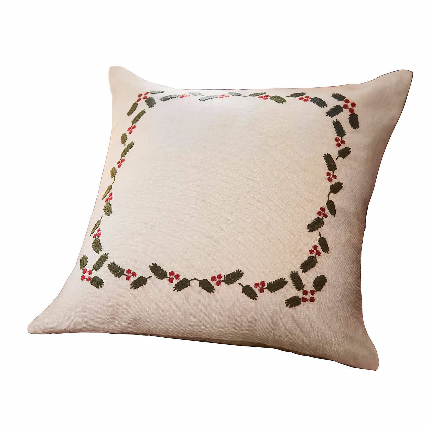Kissenhülle Lenius Beige Leinen-Kissenhülle mit grünen Blättern und roten Blumen, dekoratives Wohntextil