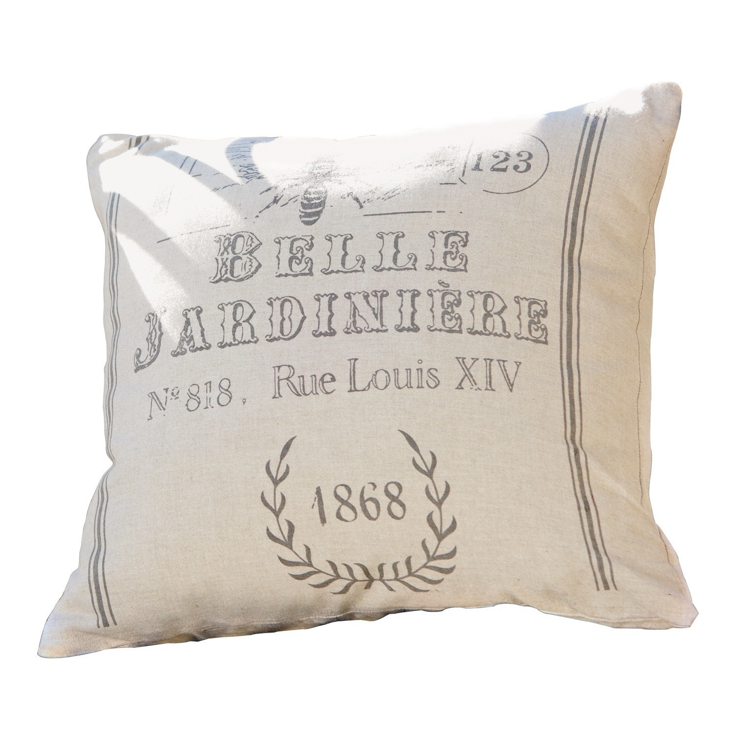 Kissenhülle Abelle Beige Dekokissen aus Baumwoll-Leinen mit Vintage-Aufdruck Belle Jardinière, gemütliches Wohnaccessoire