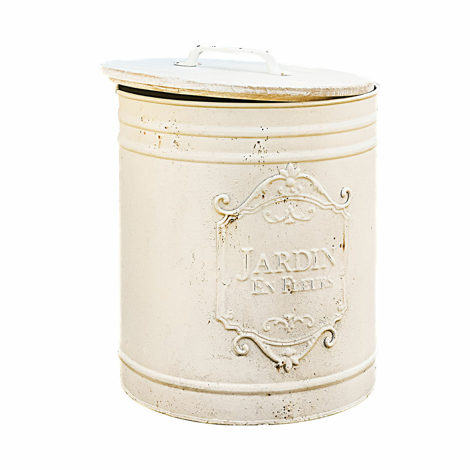 Abfalleimer Towson Vintage Metallbehälter in Creme mit Deckel und dekorativem Schriftzug Jardin