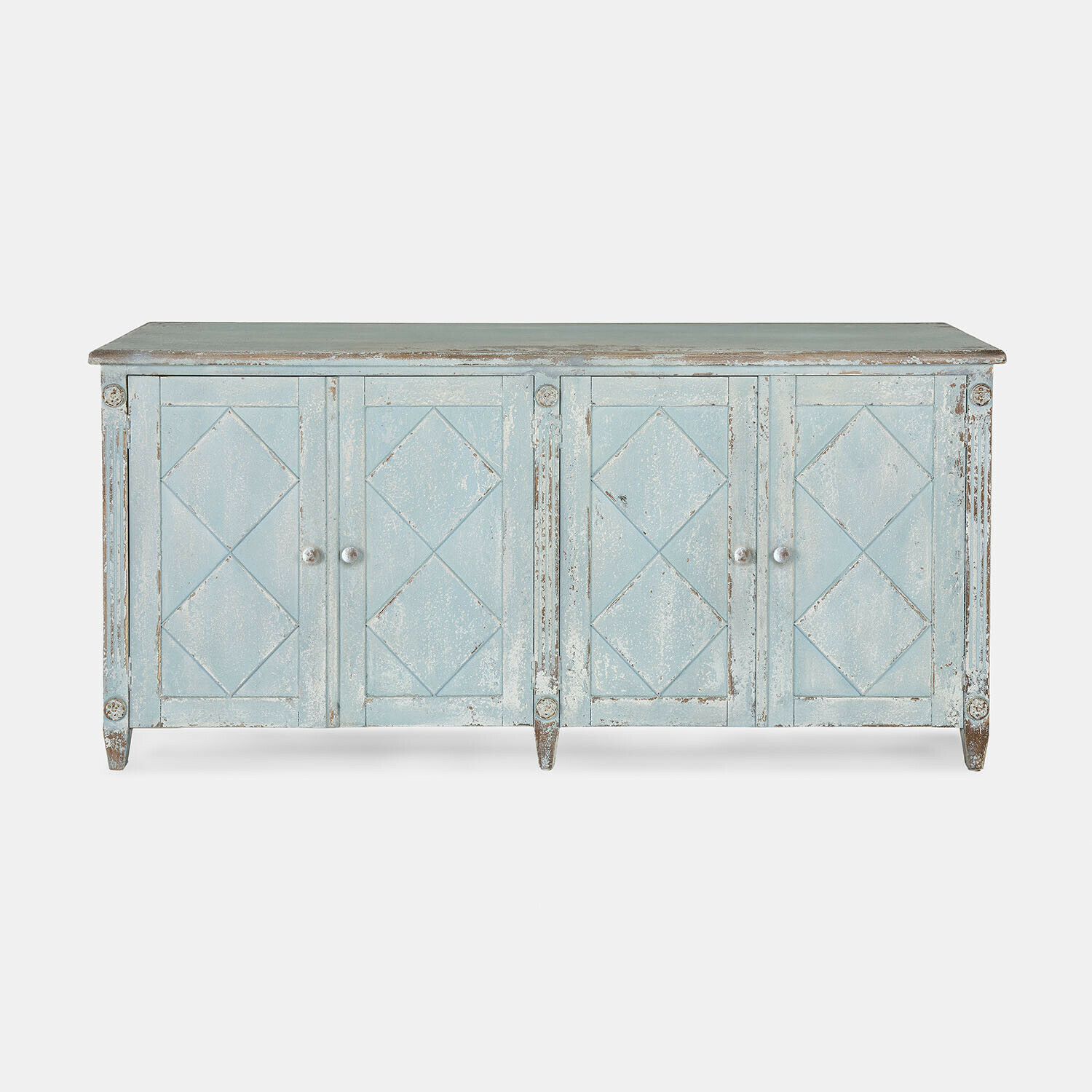 Kommode Resplandor Blaue Holzkommode mit antikem Finish und geometrischem Muster auf den Türen