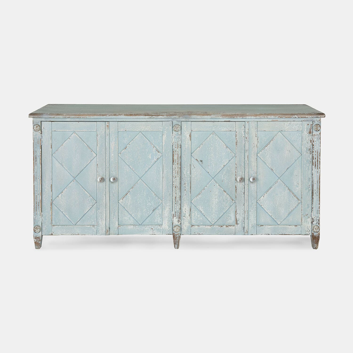 Kommode Resplandor Blaue Holzkommode mit antikem Finish und geometrischem Muster auf den Türen