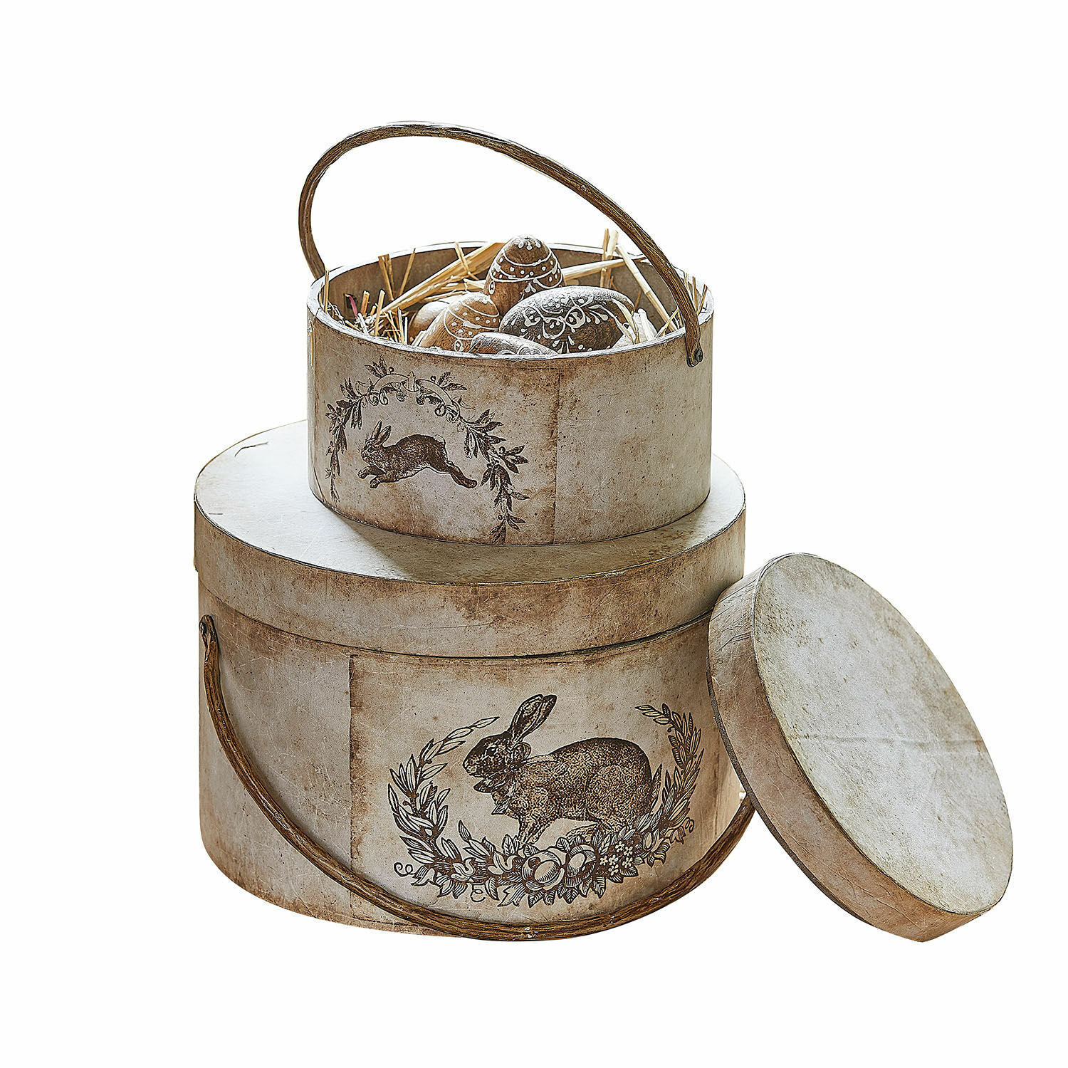 Box 2er Set Roxelle Runde Pappschachteln in Beige mit Hasenmotiv und dekorativen Ostereiern innen