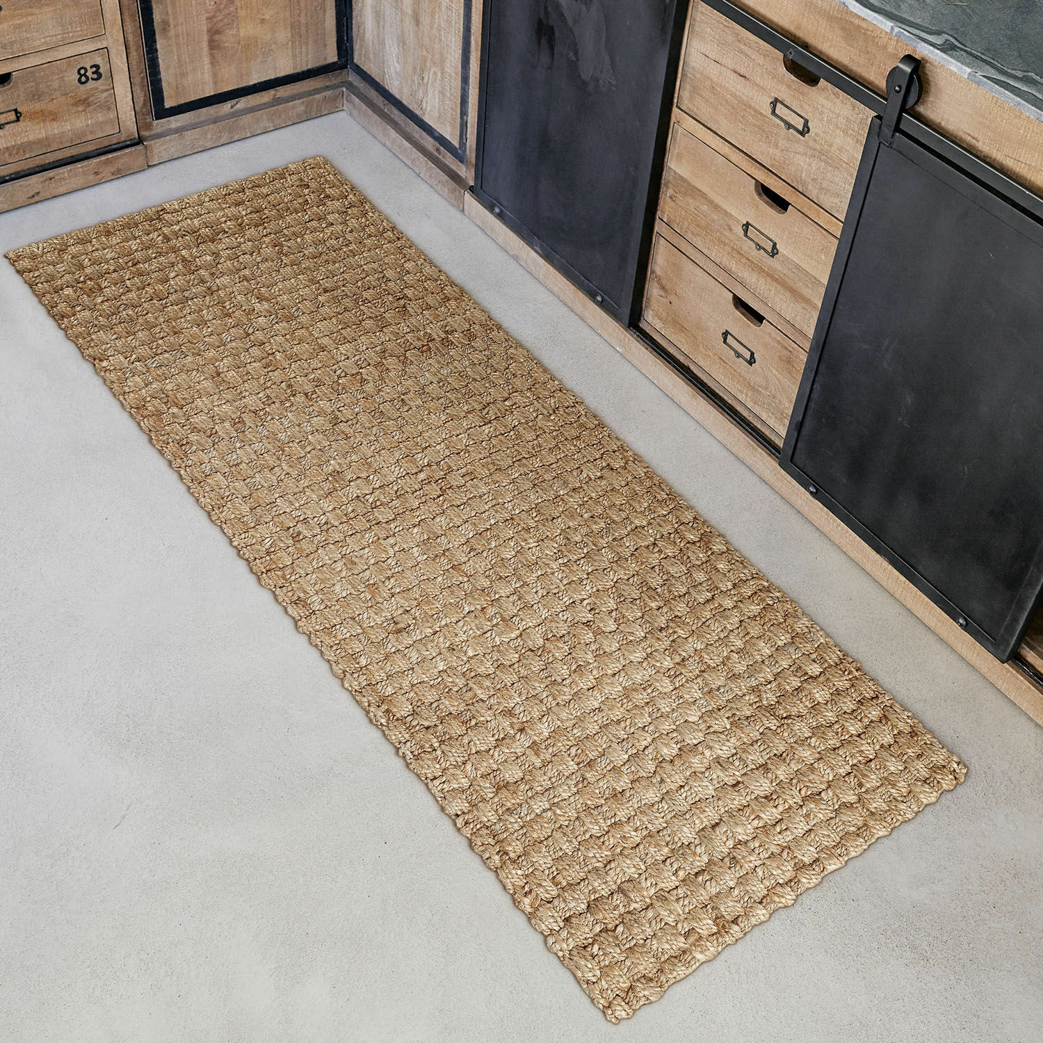Läufer Daoukro Langer Teppich aus geflochtener Naturjute in Beige für die Küche, robust und dekorativ