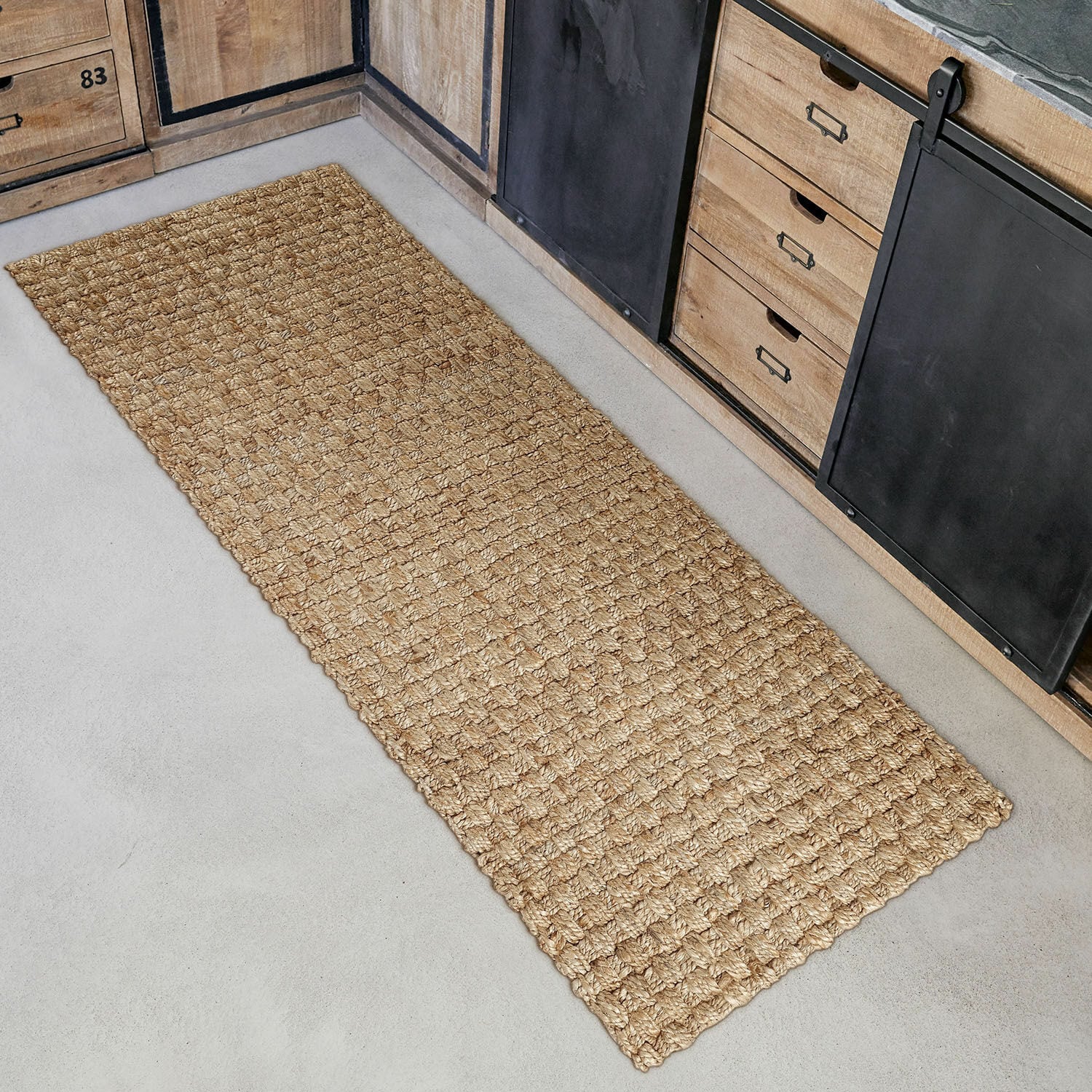 Läufer Daoukro Langer Teppich aus geflochtener Naturjute in Beige für die Küche, robust und dekorativ