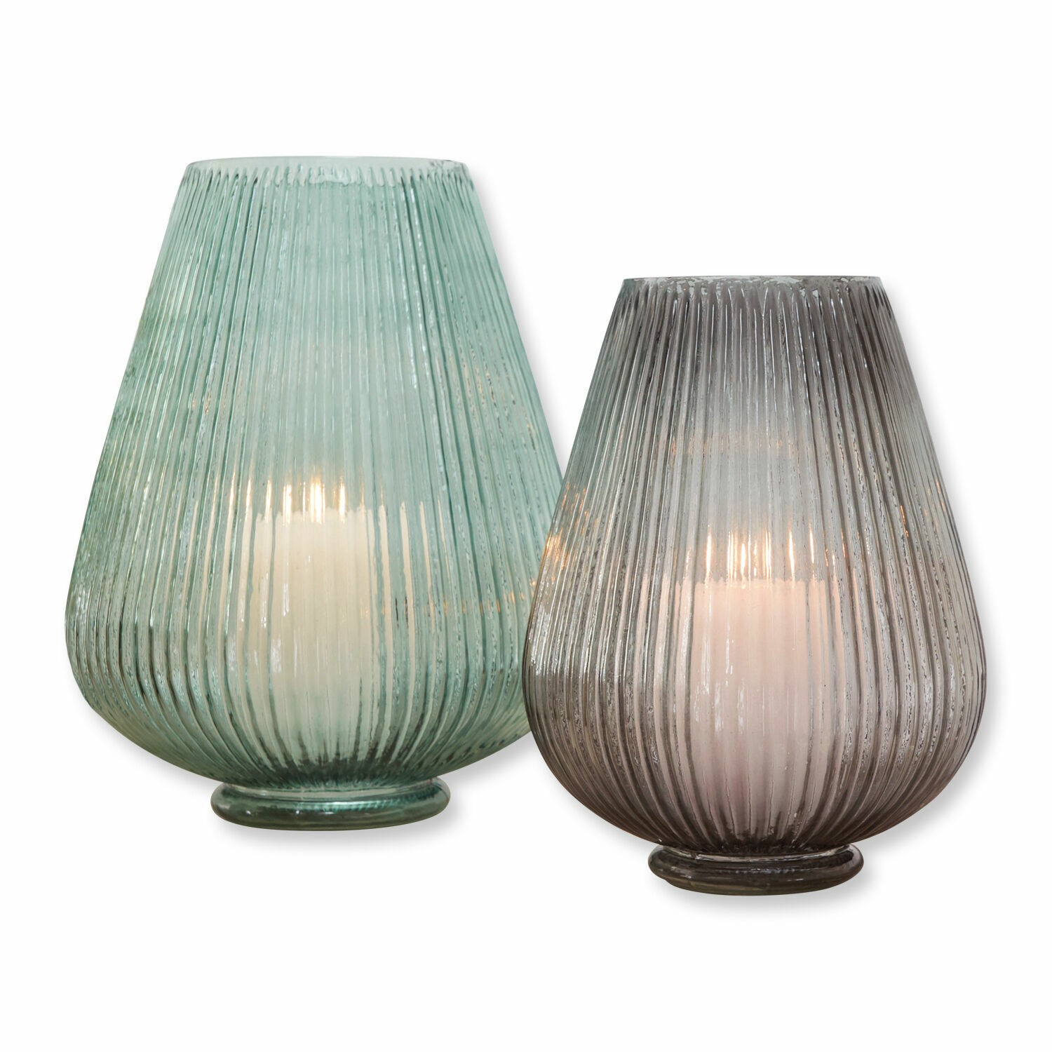 Vase 2er Set Fenis Zwei dekorative Glas-Laternen in Grün und Grau mit weißen Kerzen, stilvolle Wohnraumdekoration