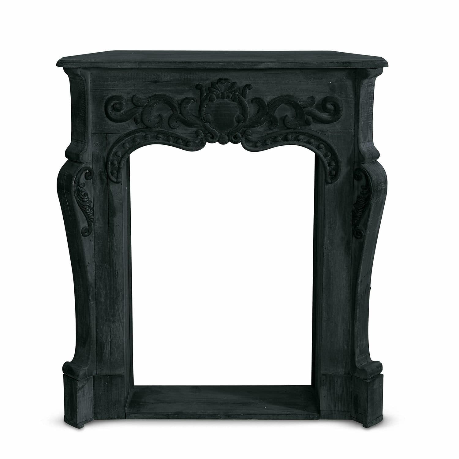 Antike Kaminkonsole aus schwarzem Holz mit dekorativen Schnitzereien für Wohnzimmer