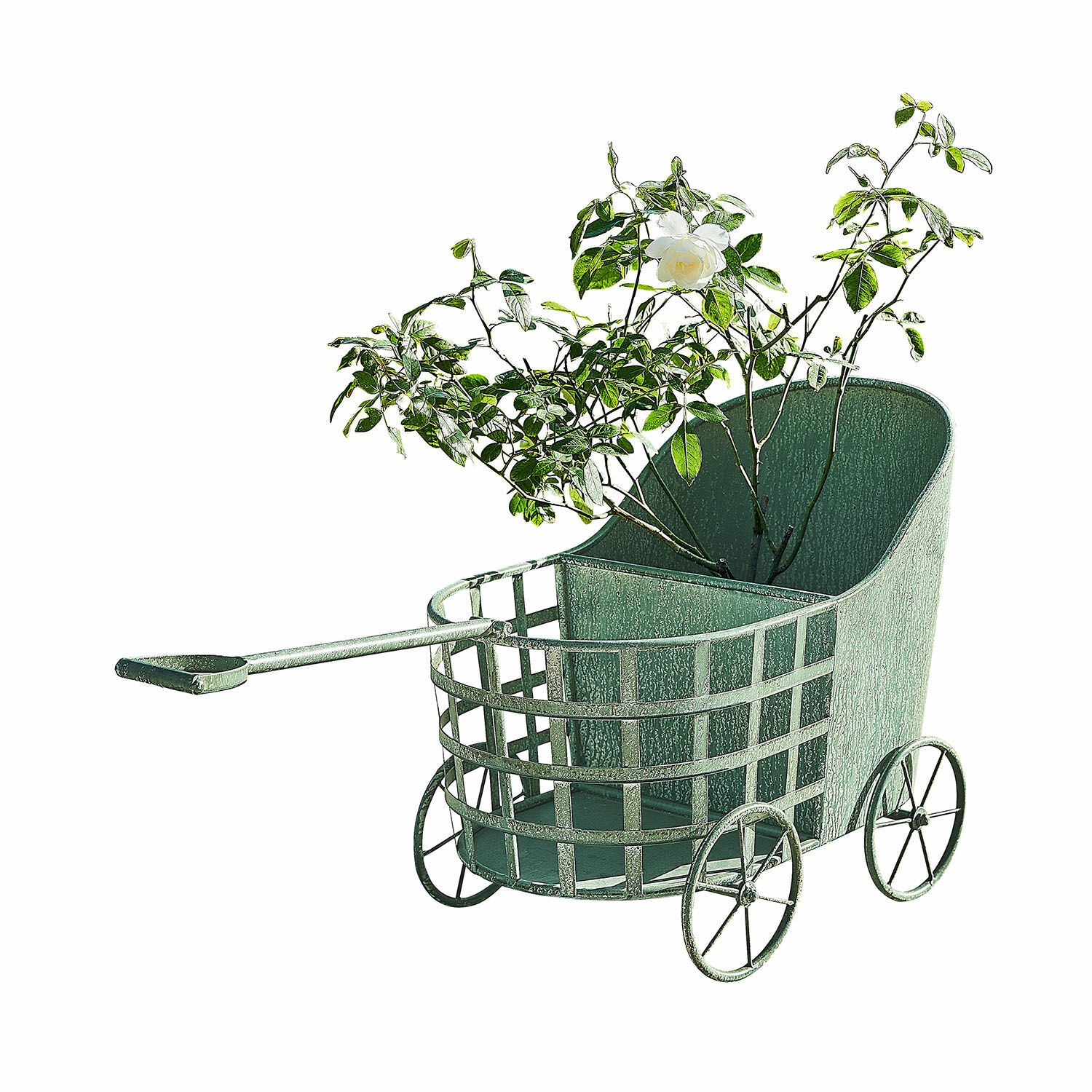 Pflanzkasten Pavignac Grüner Metall-Gartenwagen mit weißer Blume, dekoratives Wohn- und Gartenelement