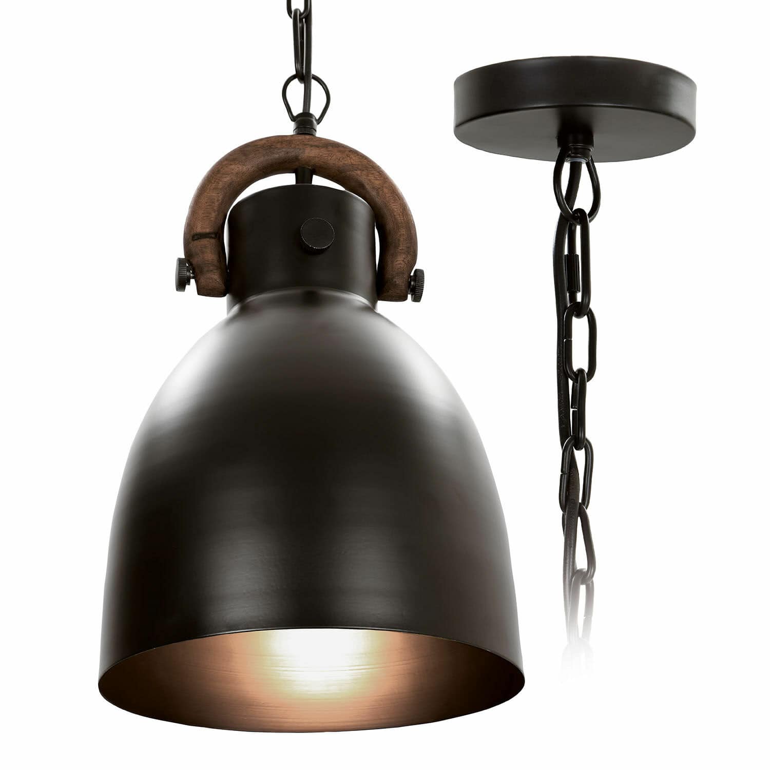 Hängelampe Walcote Schwarze Metall-Hängeleuchte mit Holzgriff und Kette, industrieller Stil für moderne Beleuchtung