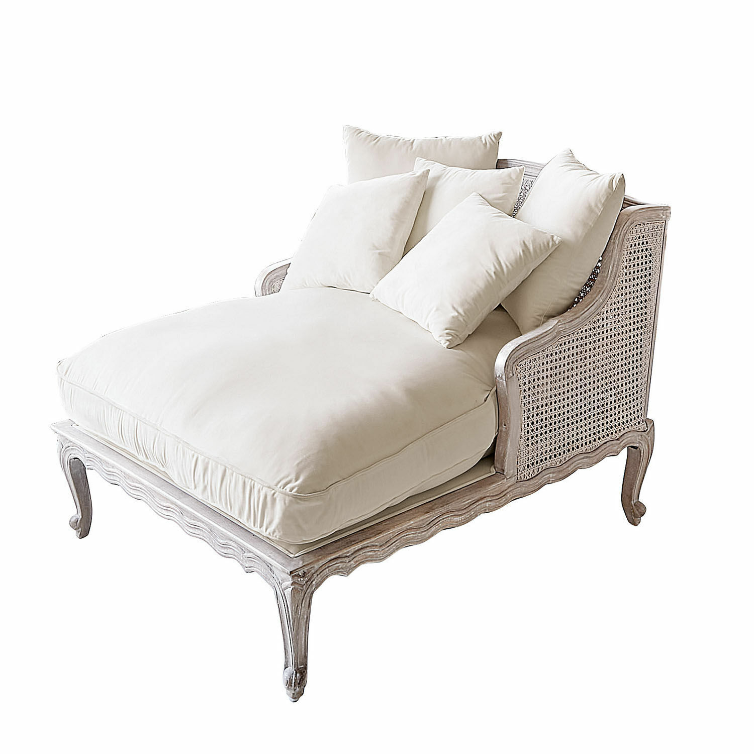 creme Kremfarbene Chaiselongue aus Holz und Stoff mit weichen Kissen, elegantes Sitzmöbel