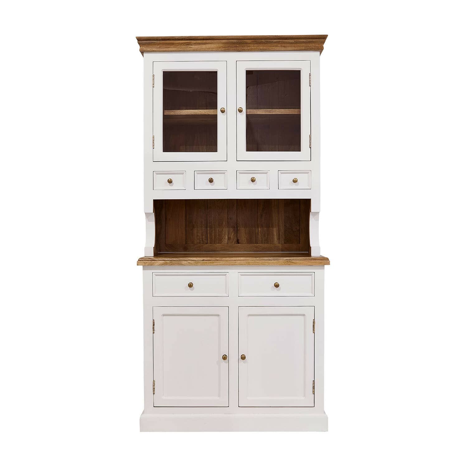 Weißer Holz-Kredenzschrank mit Schubladen und Glastüren, Ablage und Innenraum aus Naturholz