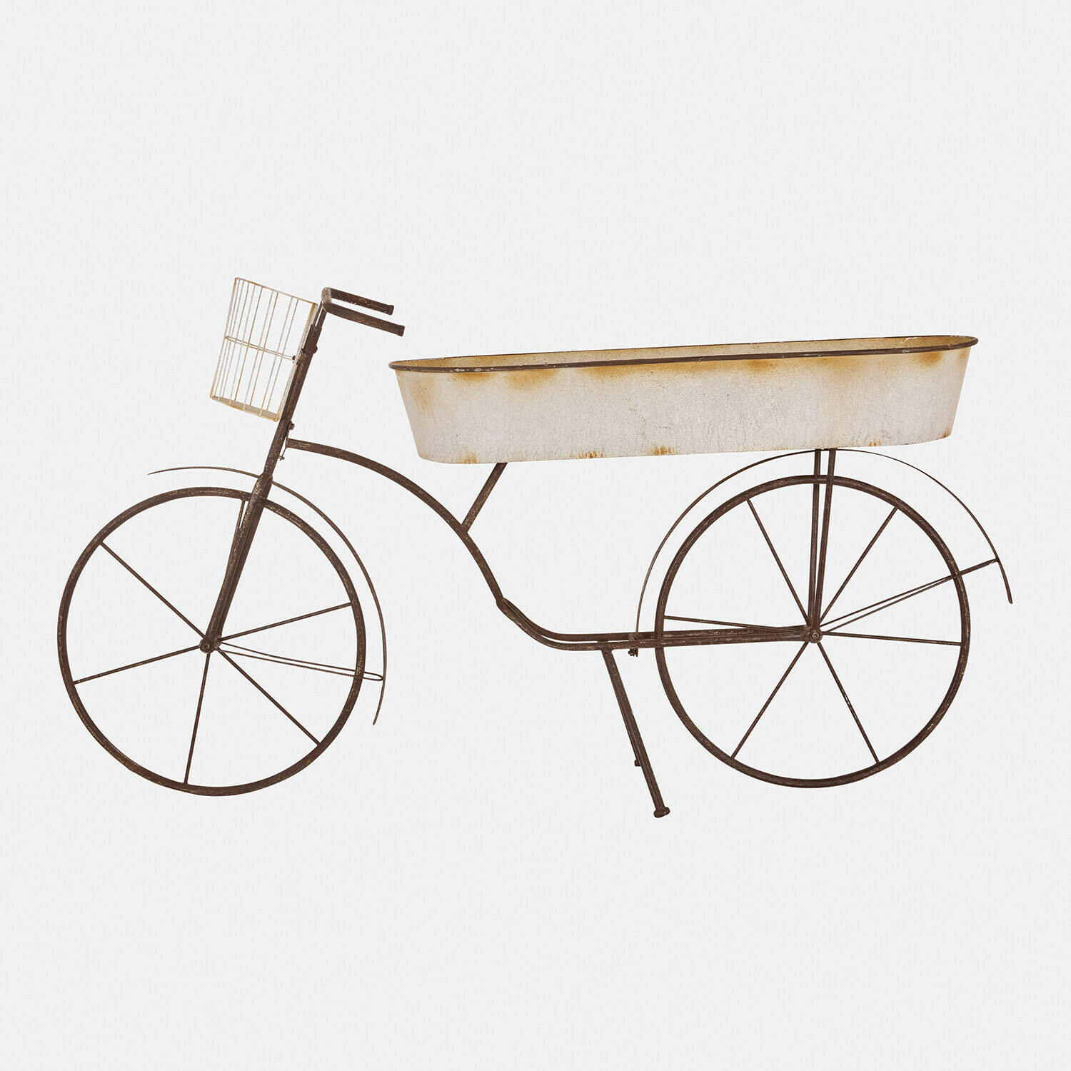 Pflanztisch Donnérie Dekoratives Metallfahrrad mit weißem, gealtertem Kasten in der Mitte, rustikaler Stil