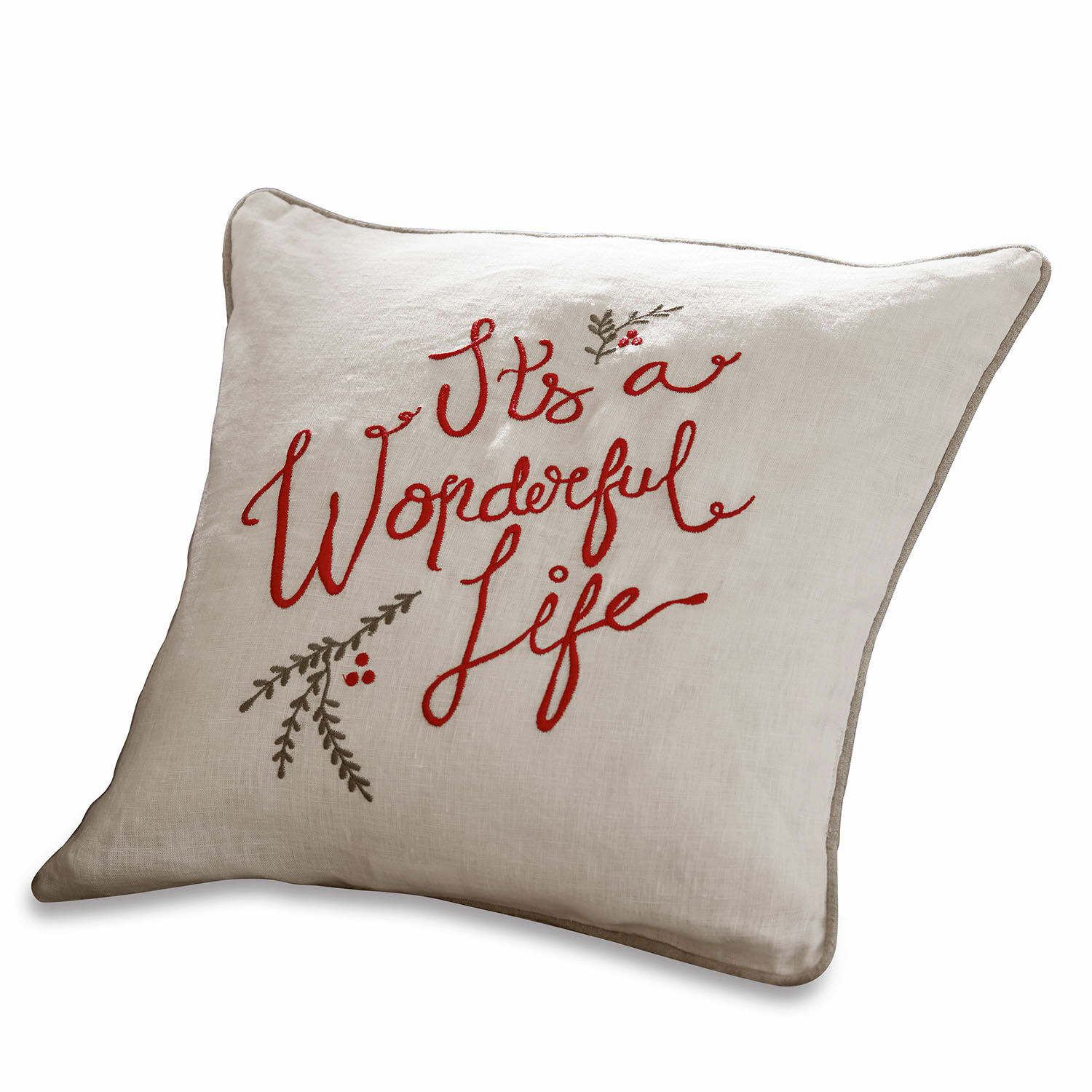 Kissenhülle Wonderful Beige Leinenkissen mit roter Stickerei "It's a Wonderful Life" und dekorativen Zweigen