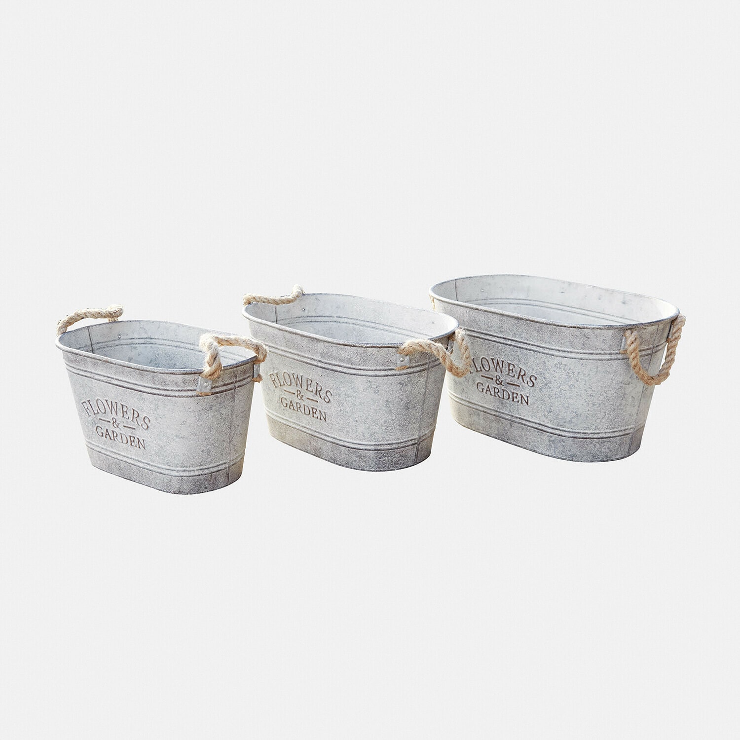 Übertopf 3er Set Merrin Set aus drei grauen Metallbehältern mit Seilgriffen für Blumen und Garten