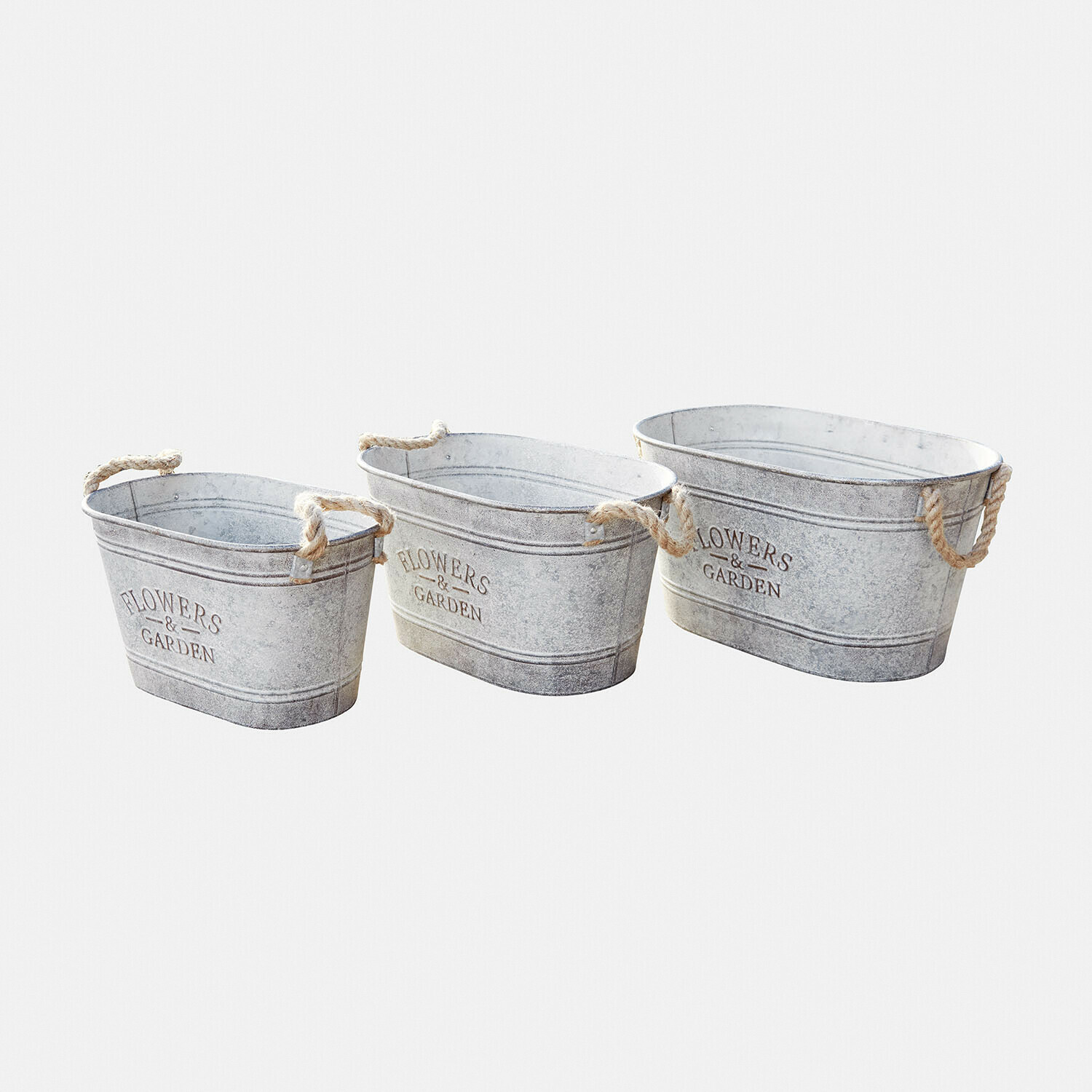 Übertopf 3er Set Merrin Set aus drei grauen Metallbehältern mit Seilgriffen für Blumen und Garten