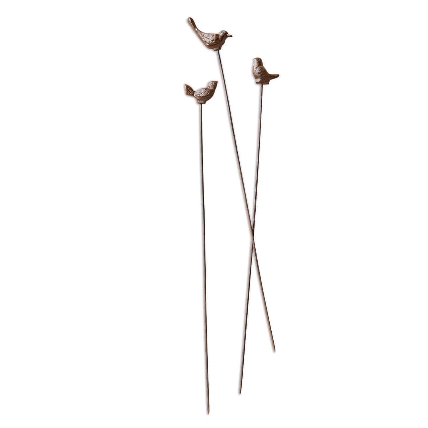 Gartenstab 3er Set Laver Dekorative Metallstäbe mit braunen Vogelmotiven für Garten oder Pflanzgefäße
