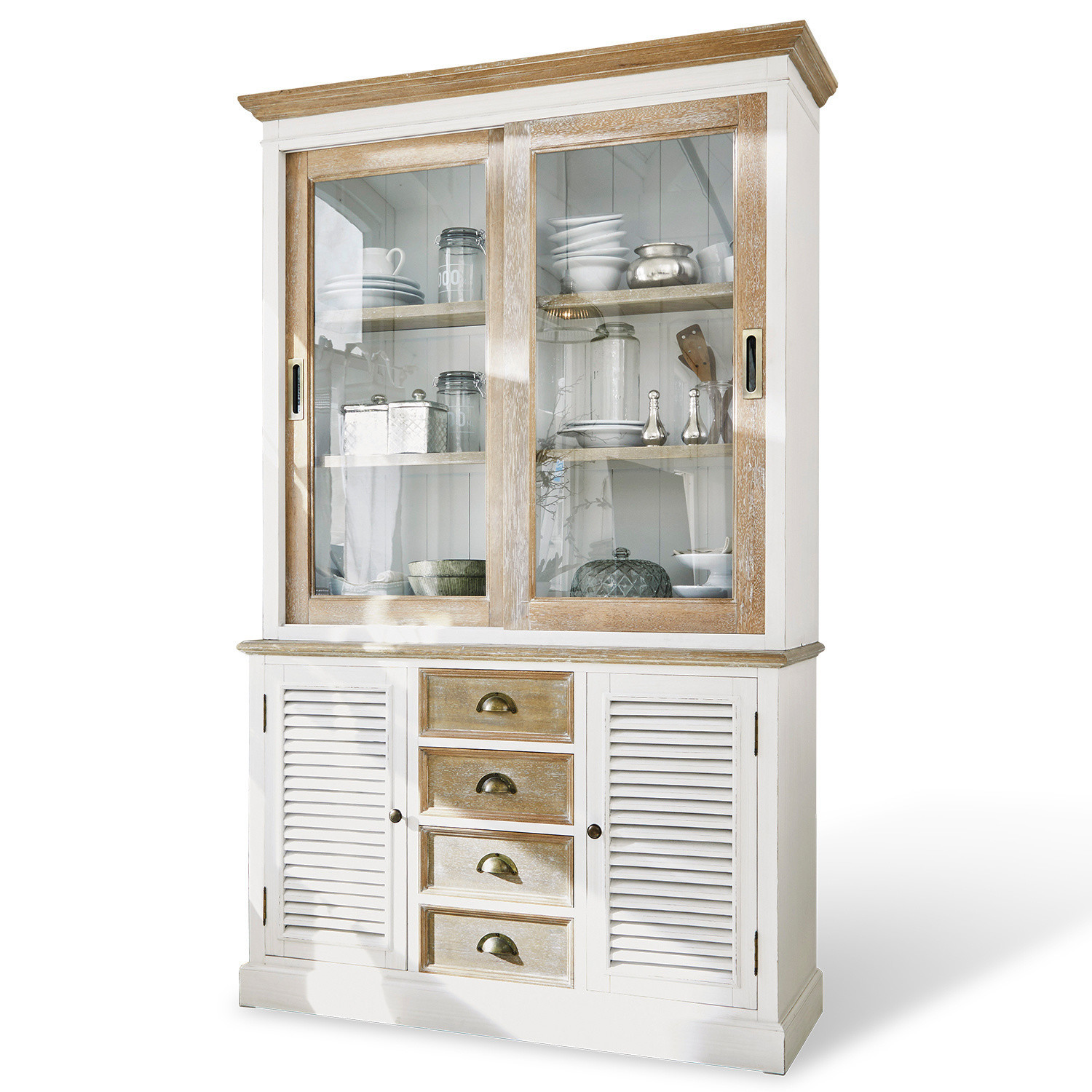 Schrank Moosehide Weiße Holzvitrine mit Schiebetüren aus Glas und Schubladen im Vintage-Stil