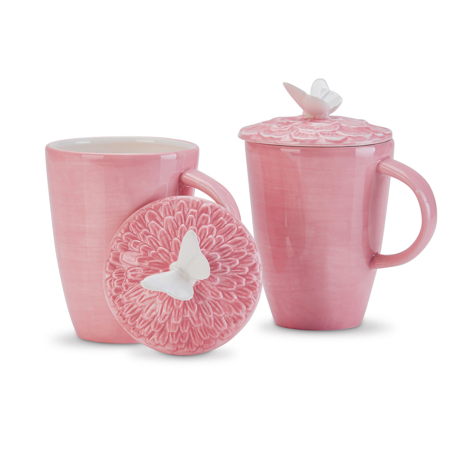 Tasse 2er Set Daireann Rosa Keramiktasse mit Deckel und weißem Schmetterling, elegantes Teeset aus Keramik