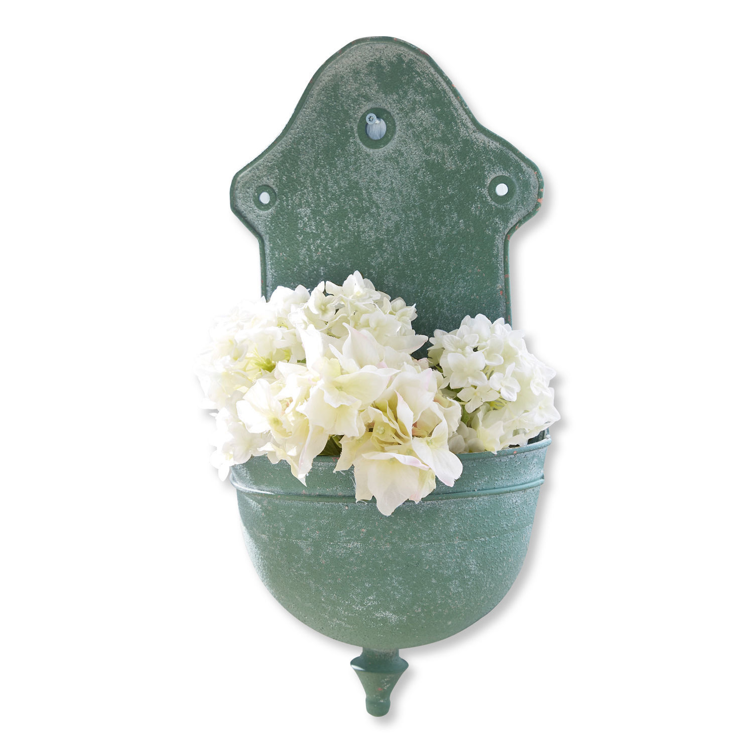 Pflanzbrunnen Sedan Grüne Metall-Wandblumenvase mit weißen Blumen, dekorative Garten- und Wohnaccessoire