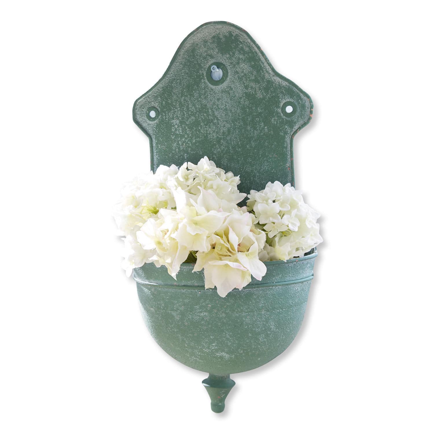 Pflanzbrunnen Sedan Grüne Metall-Wandblumenvase mit weißen Blumen, dekorative Garten- und Wohnaccessoire