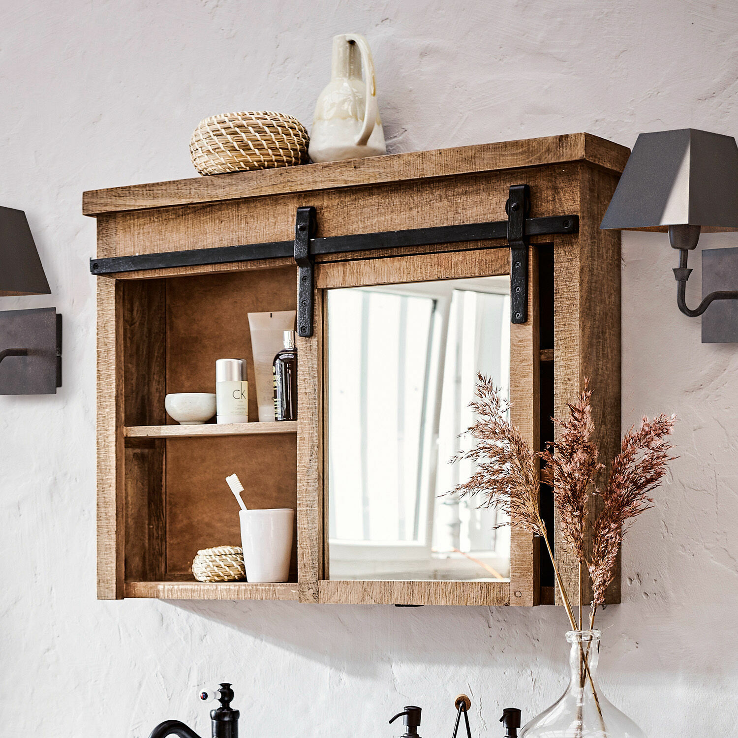 Spiegelschrank Taylors Island Holz-Badezimmerschrank mit Spiegel und Metallgriff im rustikalen Stil, natürliche Farbe